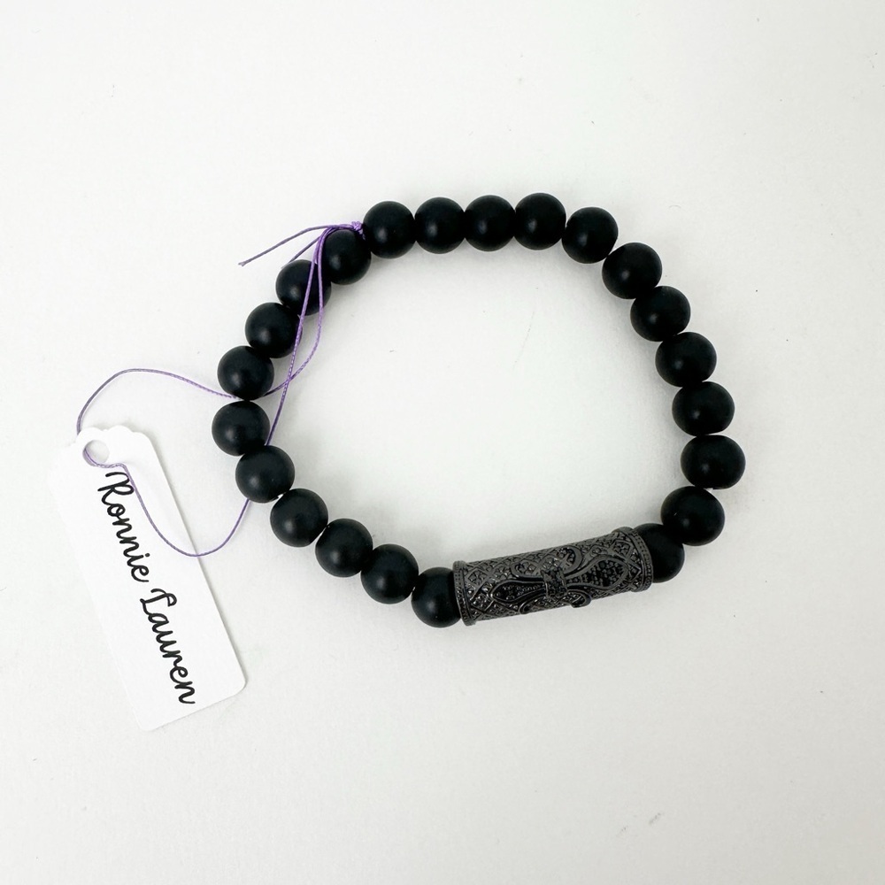 NWT Genuine Black Onyx & Metallic Bead Bracelet Men's Black - Picture 3 of 3
